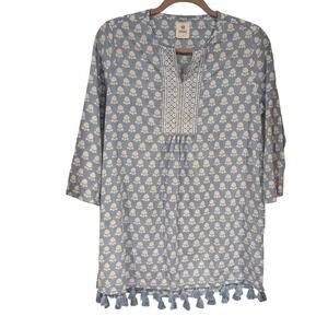 RNWK Renwick Tunic Top Womens Small Blue White Floral Tassel Cotton‎ Boho